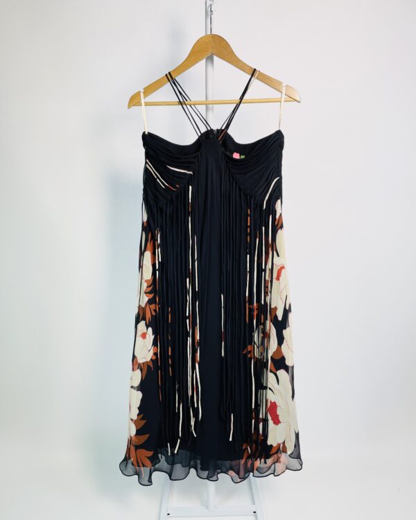 Vestido midi preto com estampa e franjas FARM - M - VENDIDO SIST OTO