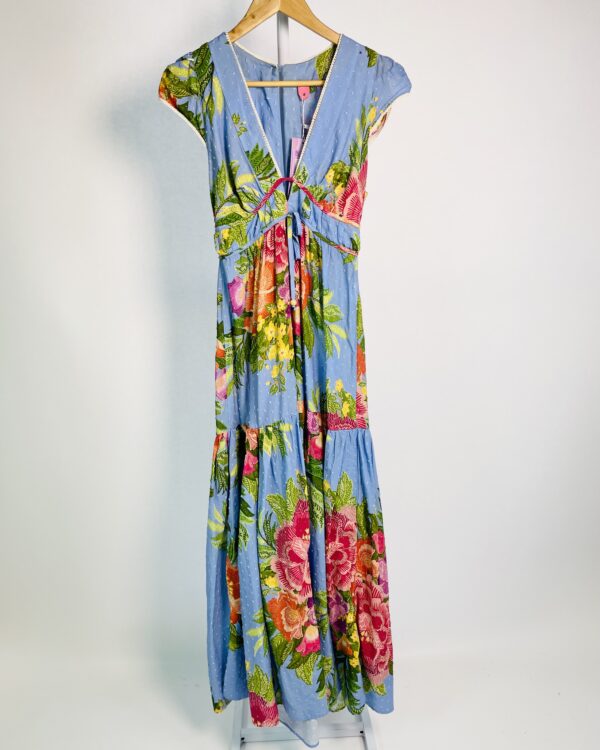 Vestido azul claro estampa florida com textura FARM - P - VENDIDO SISTEMA OTO