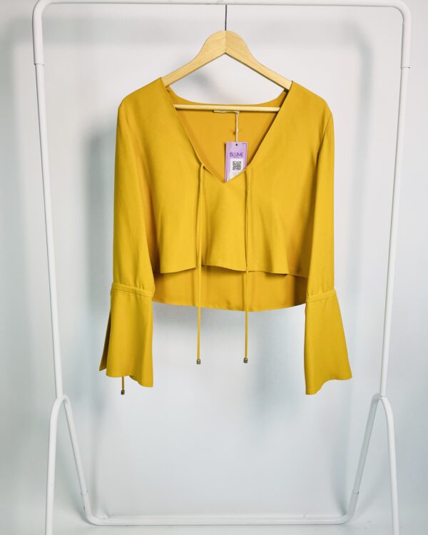 Blusa curta amarelo mostarda manga longa decote v com amarração NV -G