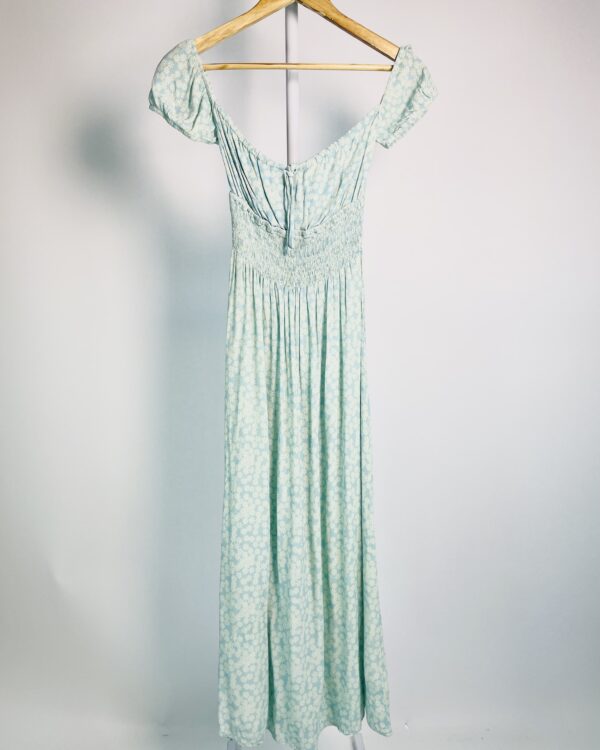 Vestido midi azul com flores bege lastex na cintura LUISA MEIRELLES - M - VENDIDO SISTEMA OTO