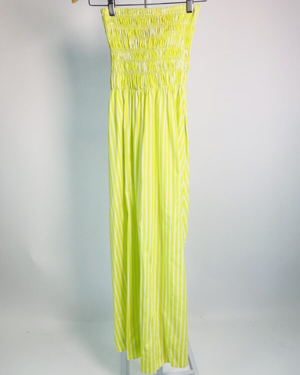 Vestido midi algodão listrado verde lima e branco sem alça com lastex no busto PANÔ - U - VENDIDO SIST OTO