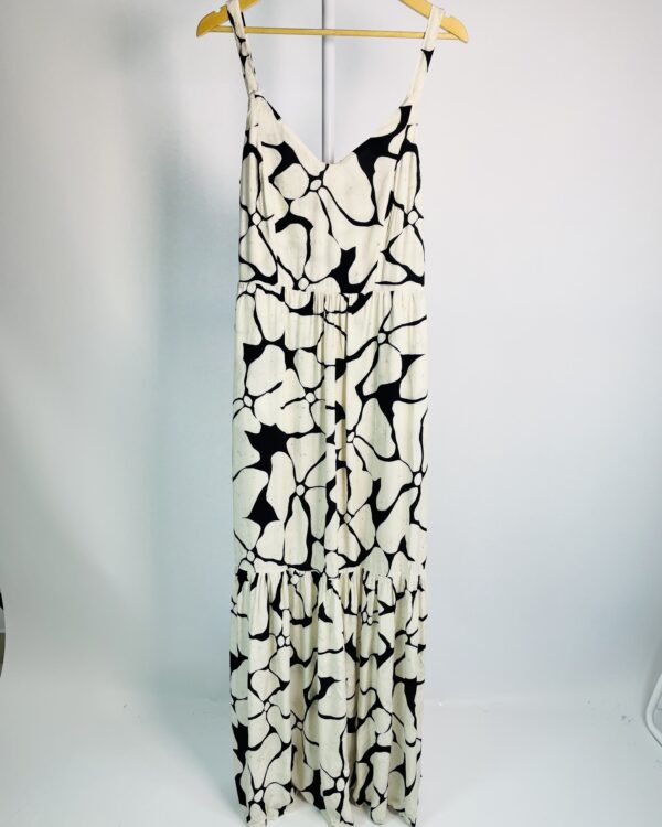 Vestido longo estampado preto e bege alça fina decote v LADO AVESSO - G *nunca usado* - VENDIDO SISTEMA OTO
