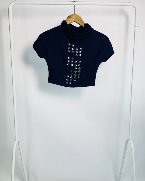 Cropped azul marinho gola alta e aplicações metalizadas no busto GLORIA COELHO - PP