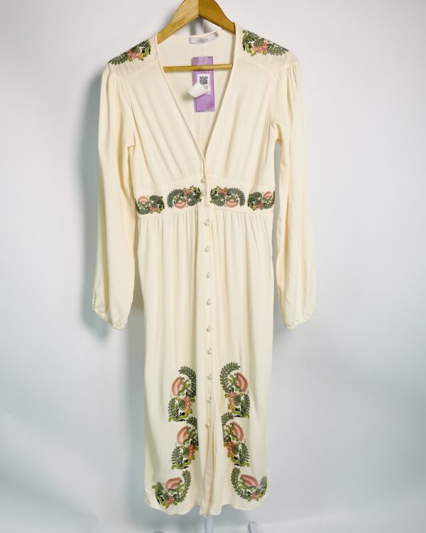 Vestido midi rosê com mangas longas e bordados verde e rosa ATEEN - 38