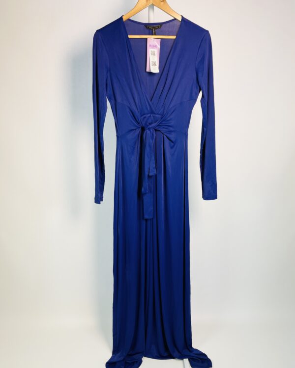 Vestido longo azul decote v manga comprida e amarração na cintura BCBGMAXAZRIA - M - VENDIDO SISTEMA OTTO