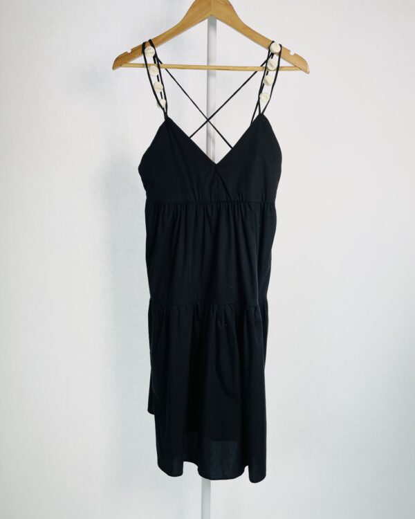 Vestido curto algodão amplo preto com aplicações nas alças e decote v FERNANDA DI BIASE - PP - VENDIDO SISTEMA OTO