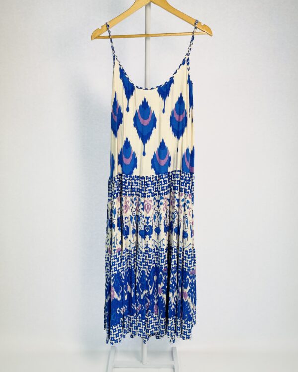 Vestido longo off white com estampa azul alças finas MILA PARIS - P - VENDIDO SISTEMA OTO