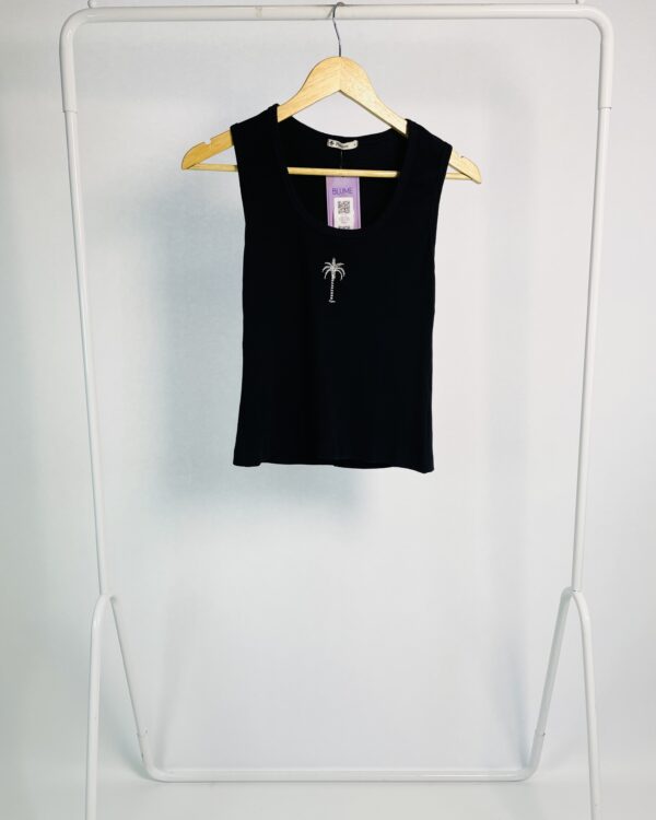 Regata preta canelada coqueiro bordado na frente PEEPOU - G - VENDIDO SISTERMA OTO