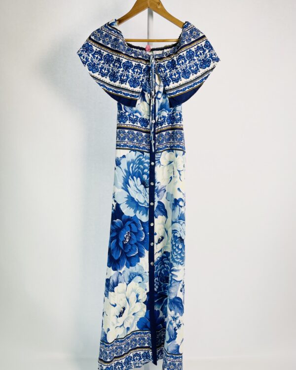 Vestido longo azul e branco estampado ombro a ombro FARM - PP - VENDIDO SISTEMA OTTO