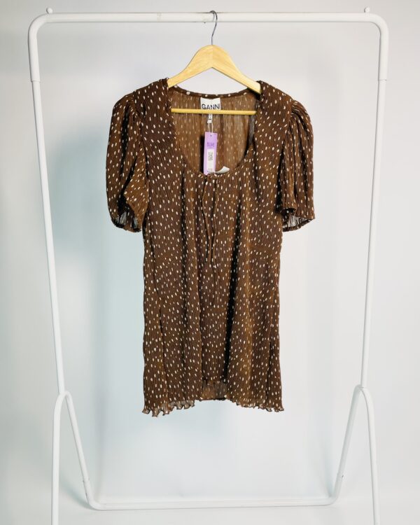 Vestido curto marrom com poás brancos e plissado GANNI - P - VENDIDO SISTEMA OTO