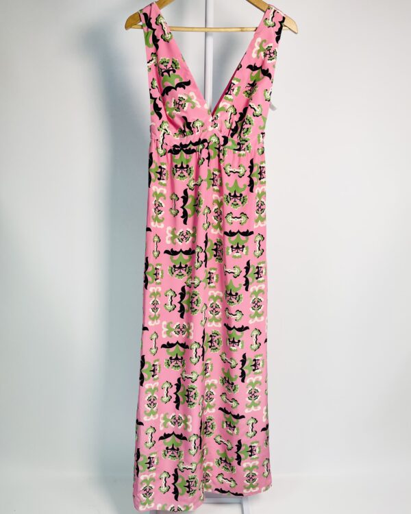 Vestido longa seda decote v rosa e estampa verde preto e off ADRIANA DEGREAS - P - VENDIDO SISTEMA OTO