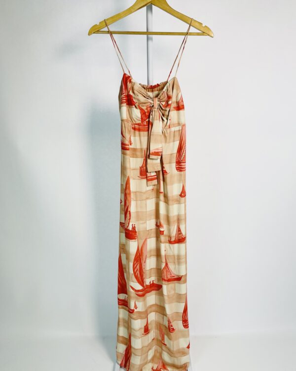 Vestido rosa claro com estampa vermelha bardos alças finas LE SOLEIL D'ETÉ - P