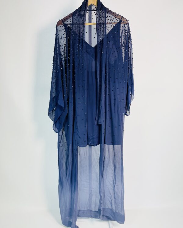 Vestido longo com forro degradê azul com pedraria OSKLEN - M - VENDIDO SISTEMA OTO