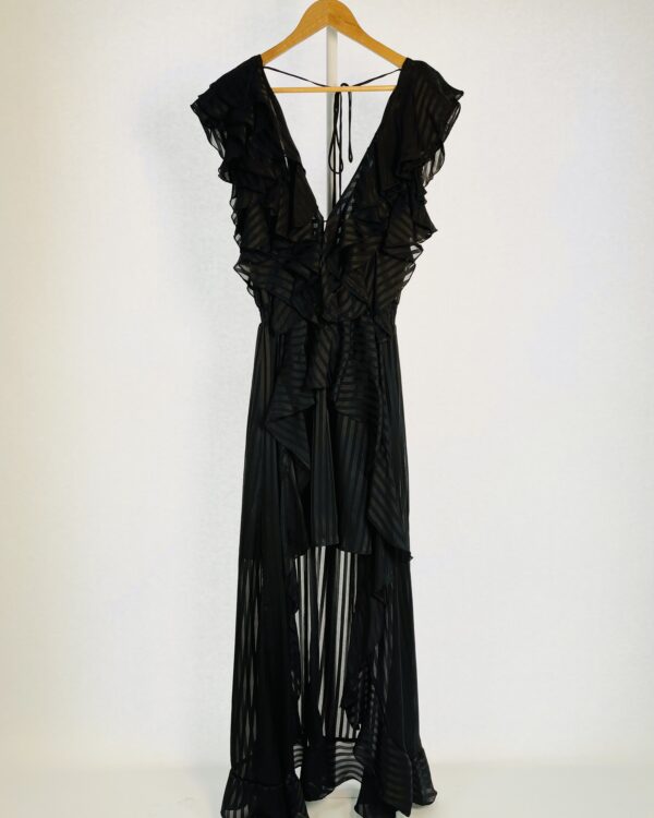 Vestido preto listrado com babados e sobreposição longa CAROL BASSI - 38