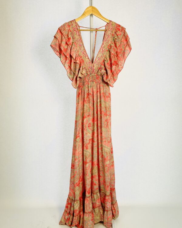 Vestido longo rosa estampa paisley decote v PARAS INDIA - G *nunca usado* - VENDIDO SISTEMA OTO