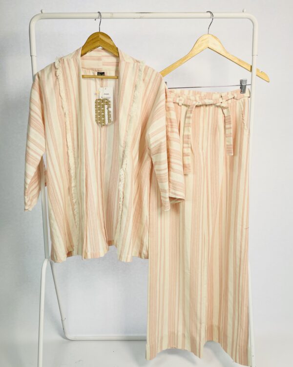 Conjunto calça e kimono linho bege e rosa NIDAS - P *nunca usado* - VENDIDO SISTEMA OTO