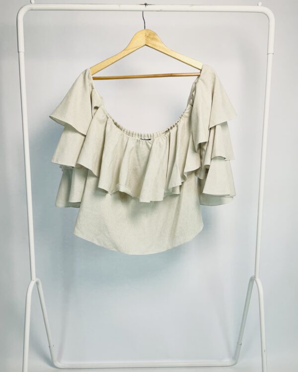 Bata ombro a ombro estampa xadrez cinza com babados IORANE - 40