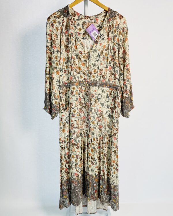 Vestido midi bege estampado com estampa mangas longas ATEEN - 40 - VENDIDO SISTEMA OTO