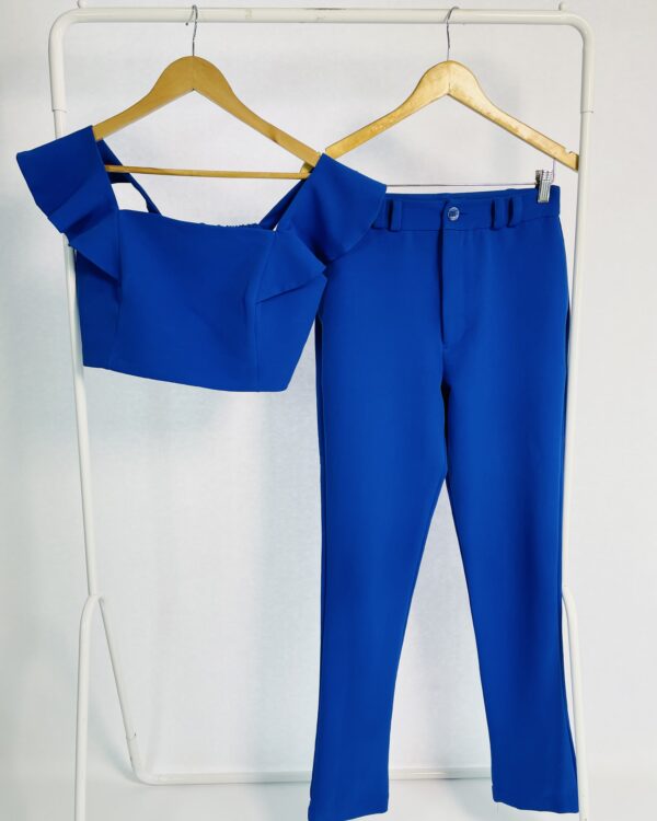 Conjunto azul calça e cropped com babados LIZIE - P
