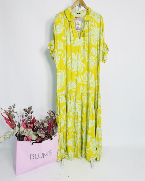 Vestido longo amarelo e verde estampado mangas curtas com ajuste e decote v CANTÃO - G - VENDIDO SISTEMA OTTO