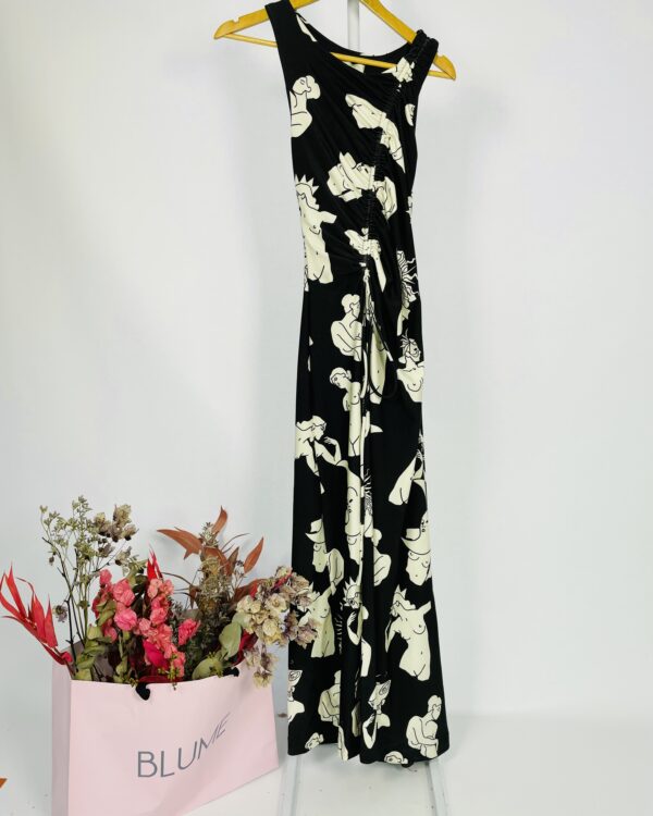 Vestido longo malha fria preto com estampa branca drapeado no busto sem mangas FERNANDA DI BIASE - PP *nunca usado* - VENDIDO SISTEMA OTO