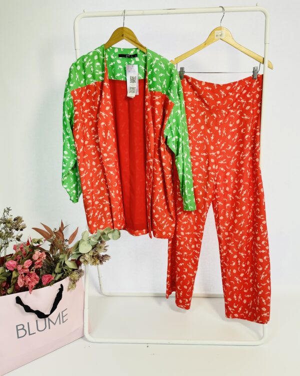 Conjunto calça e kimono vermelho e verde estampa animais marinhos GUDE - G - VENDIDO SIST OTO
