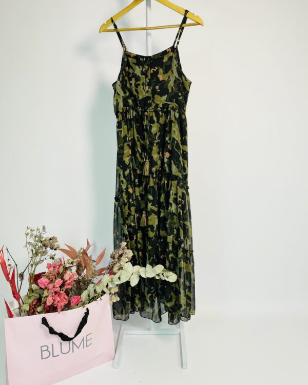 Vestido midi estampa militar verde musgo rosa e preto com alças finas FARM - P - VENDIDO SIST OTO