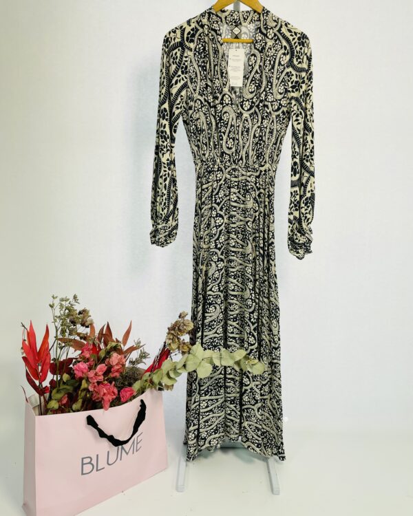 Vestido midi azul marinho e branco com mangas longas SOUQ - P - VENDIDO SISTEMA OTO