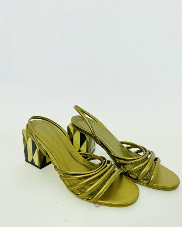 Sandália metalizada bronze tiras finas e salto estampa geométrica ANDREA MULLER - 36 - VENDIDO SISTEM OTO