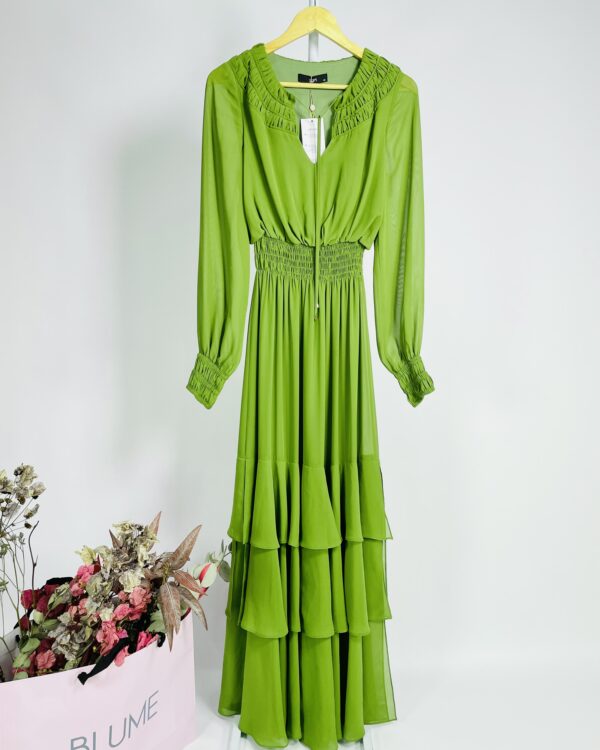 Vestido verde longo mangas longas e babados DOLPS - 40 - VENDIDO SISTEMA OTO