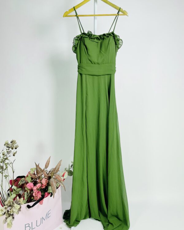 Vestido verde escuro longo alças finas com babados no busto KOJI -PP *nunca usado*