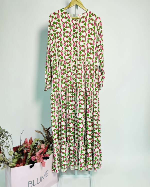 Vestido longo estampa geométrica rosa e verde mangas longas ZAYE BRAND - P/M - VENDIDO SISTEMA OTO