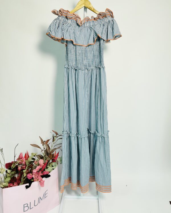 Vestido longo quadriculado azul e branco bordados SCLUB - P - VENDIDO SISTEMA OTO