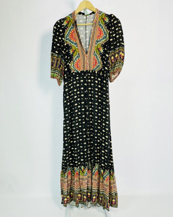 Vestido preto longo com manga 3/4 estampada FARM -P - VENDIDO SISTEMA OTO