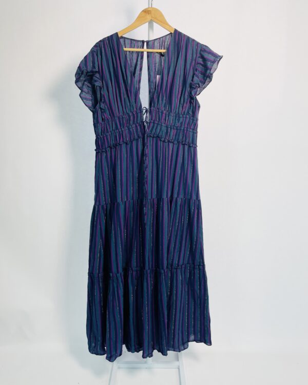 Vestido midi azul e roxo listrado e fios de lurex amarração na cintura MARIA FILÓ - G