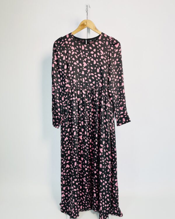 Vestido longo acetinado preto e rosa estampa poá mangas longas ZARA - P - VENDIDO SISTEMA OTO