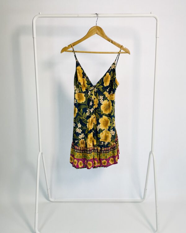 Vestido curto azul estampa floral amarela alças finas FARM - M - VENDIDO SISTEMA OTO