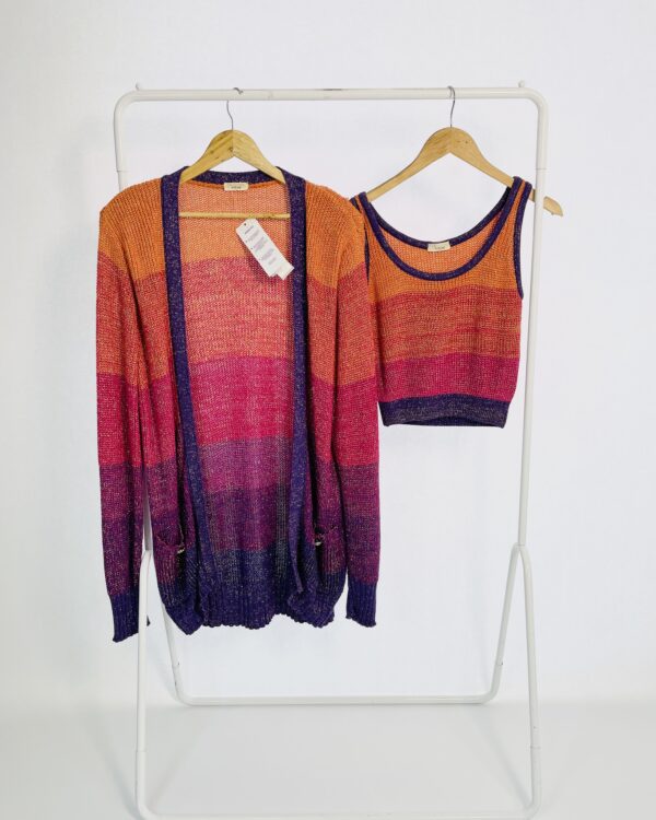 Conjunto tricot colorido com lurex dourado kimono e cropped NV - G - VENDIDO SISTEMA OTO