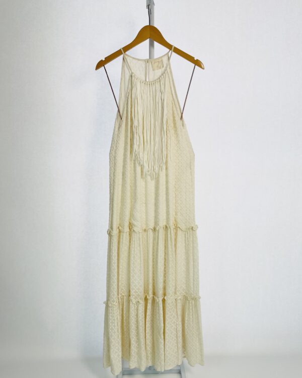 Vestido longo off white texturizado com franjas no decote SAVY - 38