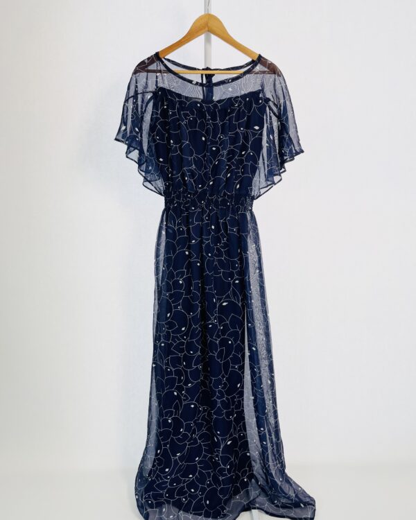 Vestido longo azul marinho estampado com transparência - P - VENDIDO SISTEMA OTO