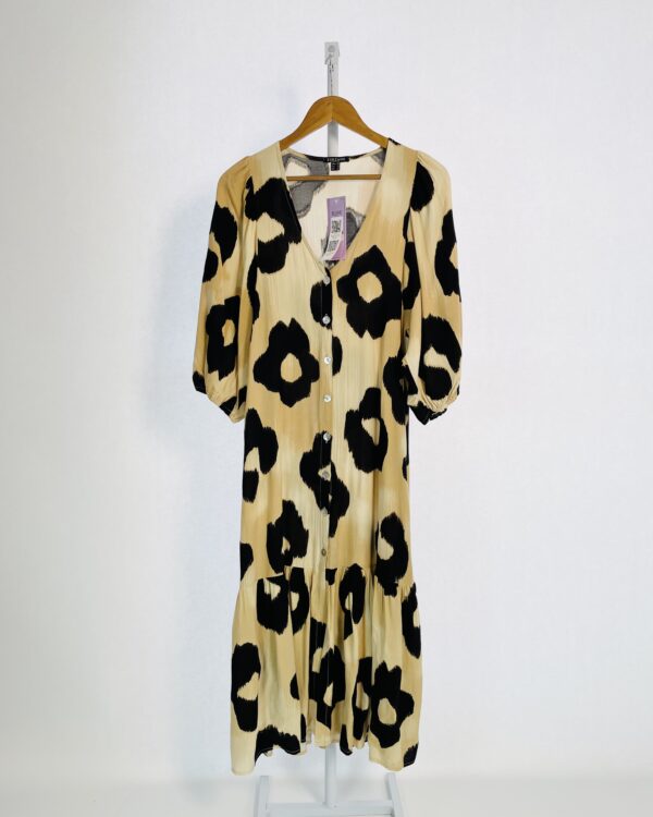 Vestido midi preto e bege estampado com botões na frente ZINZANE - PP - VENDIDO SISTEMA OTO