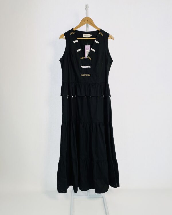 Vestido midi algodão preto com bordados brancos e dourados FERNANDA DI BIASE - GG - VENDIDO SISTEMA OTTO