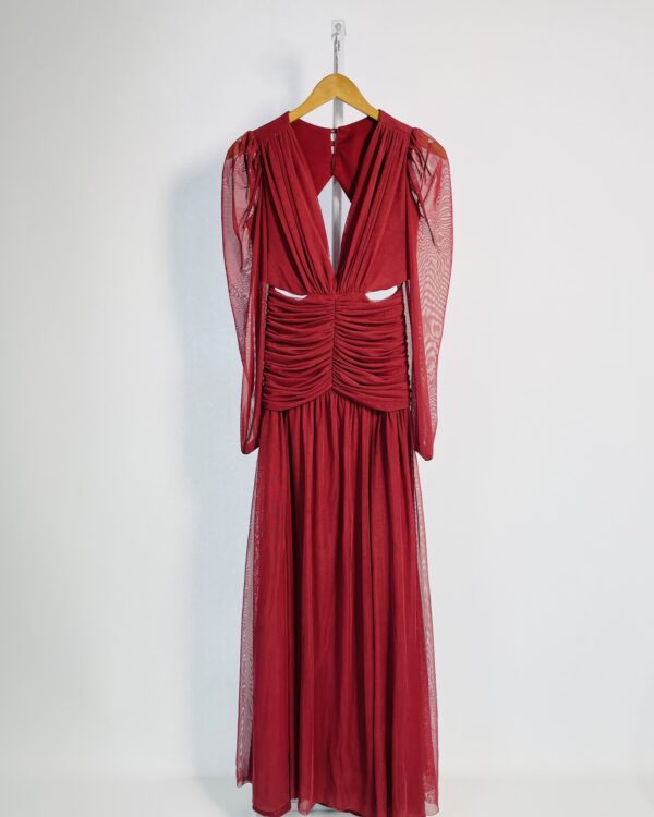 Vestido longo tule bordô mangas longas drapeado e recorte na cintura PARTY BRAND - P - VENDIDO SISTEMA OTO
