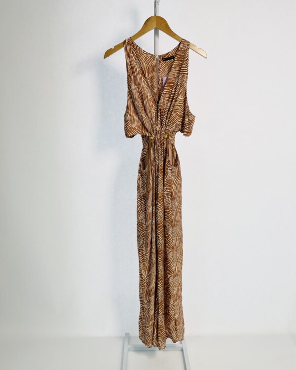 Vestido marrom estampado com recorte na cintura e fenda na frente VIX - M - VENDIDO SISTEMA OTO