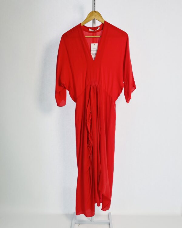 Vestido longo seda vermelho decote v drapeado na frente WASABI - G