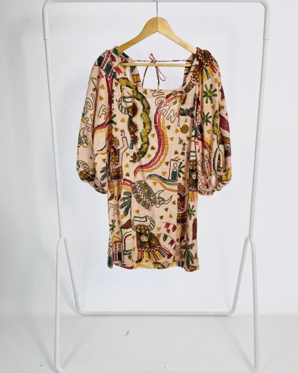 Vestido curto rosa claro estampado e mangas bufantes FARM - M