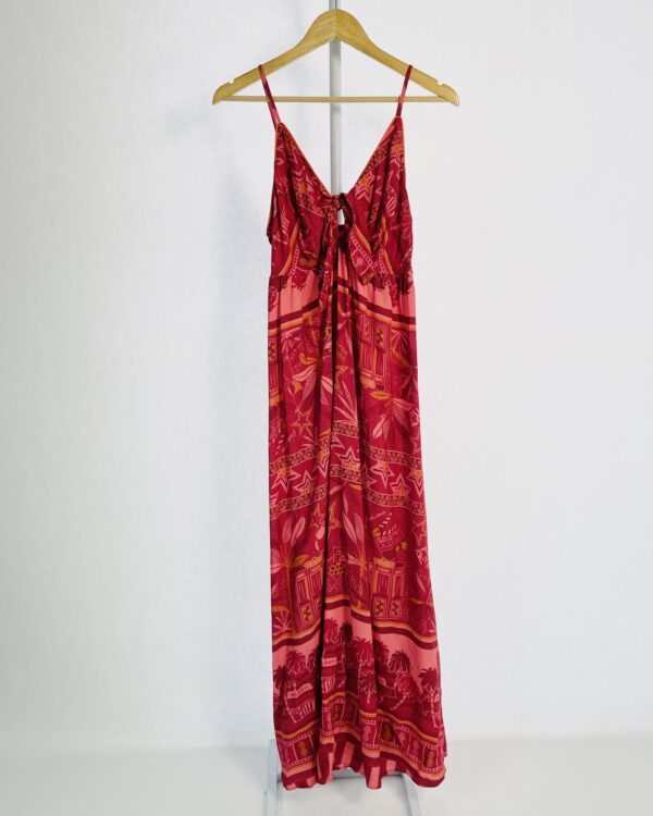 Vestido longo vermelho estampado e amarração no decote OH BOY - G - VENDIDO SISTEMA OTO