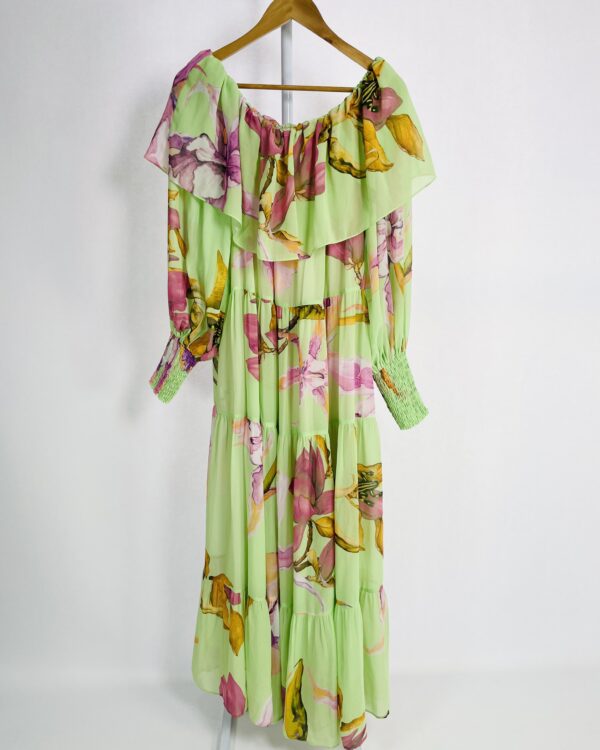 Vestido longo verde com estampa mangas longas TIG - P - VENDIDO SISTEMA OTO