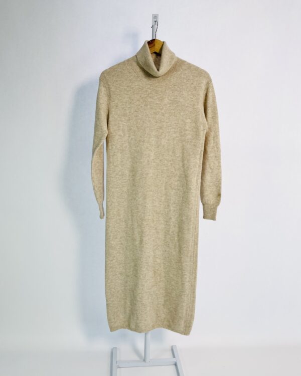Vestido lã batida bege manga longa e gola alta - P