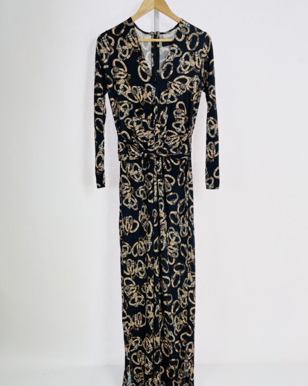 Vestido longo malha preto estampado com mangas longas e detalhe transpassado na cintura ANIMALE - M